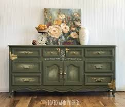 For Sale Annie Sloan Olive Green And Gold Leafing By Picked And Poshed Green Furniture Painted Sideboard Painted Furniture