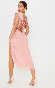 Pink Polka Dot Draped Lace Up Back Midi Dress Prettylittlething
