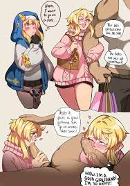 blonde hair blowjob blue eyes blush bridget cherrypicmilk  dialogue english text fellatio glasses guilty gear guilty gear strive hand  on head hearts hoodie larger male light-skinned male male penis