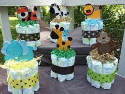 Full of safari theme ideas including decorations, foods and gift ideas. 6 Jungle Mini Diaper Cakes Baby Shower Centerpiece Decoration Gift Cakes Centerpie Jungle Baby Shower Jungle Baby Shower Theme Baby Shower Centerpieces