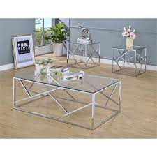 The coffee table is 32.5 in diameter and the end tables are 21.5 wide, so this set can fit in smaller seating areas. Furniture Of America Rosemeade 3 Piece Glass Top Coffee Table Set In Chrome Walmart Com 3 Piece Coffee Table Set Glass Table Set Glass Accent Tables