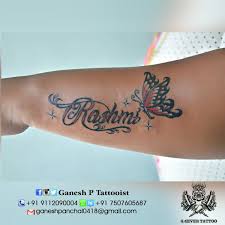 This butterfly tattoo on the arm uses contrasting colors well. Ganesh P Tattooist On Twitter Rashmi Lettering With Butterflytattoo Tattoo Design By Ganesh Panchal Tattooist Colour Full Work Hopeyoulikeit My Work Nandedcity Nanded Shedding Tattoos Art Photo Love Tattoo Instagram 2018