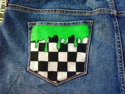Black And White Checkerboard Covered With Green Slime Painted On The Back Pocket Of Denim Jeans By Bleudoor On Instagram Painted Jeans Painted Denim Denim Art