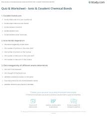 Describe the type of bonding that occurs in the compound. Quiz Worksheet Ionic Covalent Chemical Bonds Study Com