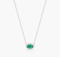 18K White Gold East West Set Oval Halo Emerald and Diamond Necklace  (6.0x4.0mm)