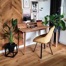 An elegant feminine home office with a white desk, an open storage unit, a gold chandelier and a small chair. 21 Small Office Ideas To Make Any Wfh Situation Work