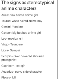 His key is currently owned by lucy heartfilia. The Signs As Stereotypical Anime Characters Aries Pink Haired Anime Girl Taurus White Haired Anime Boy Gemini Yandere Cancer Big Boobed Anime Girl Leo Magical Girl Virgo Tsundere Libra Sempai Scorpio Over
