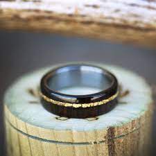 African Black Wood Gold Nuggets On Titanium Band Fully Customizable Mens Wood Wedding Bands Titanium Bands Gold Nugget Ring