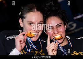 Stockholm, Sverige. 20th Jan, 2024. 240120 Södertäljes Tegan Graham och  Patricia Elias jublar efter finalen i Svenska Cupen i basket mellan Luleå  och Södertälje den 20 januari 2024 i Stockholm. Foto: Jesper