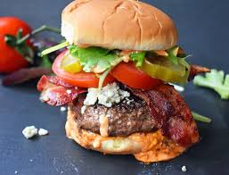 Dragonslayer Burger Beef With Blue Cheese Crispy Bacon Juicy Tomatoes Crunchy Pickles Spring Mix And Buffalo Ranch Sauce Ww Food Burger Grilling Recipes