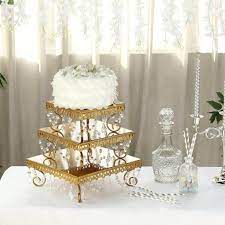 Set Of 3 Gold Chandelier Metal Cake Stands Square Cupcake Stands Dessert Display With Crystal Pendants In 2021 Metal Cake Stand Square Cupcake Stand Dessert Display