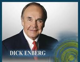 NBC's Dick Enberg and Merlin Olsen broadcast live from the Orange Bowl  during a Miami Dolphins game in the early 1980s. For more than 50 years,  Enberg was one of the most