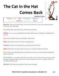 I Have Taken The Cat In The Hat Comes Back By Dr Suess And Created A Readers Theater It Is Made For 4 Main Char Readers Theater Homeschool Resources Teaching