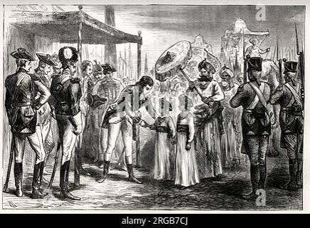 Reception of the hostages from Tipu Sahib, Sultan of Mysore, by Lord Cornwallis, March 1792. Tipu's two sons, aged about ten and eight, were temporarily taken hostage by the British as part