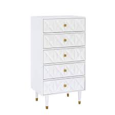 This fabric drawer dresser has a sturdy white metal frame and a waterproof wooden tabletop. 5 Drawer Geo Textured Chest White Linon Target