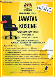 Find peluang kerjaya pekerja sambilan harian at putrajaya and related from jawatan kini. Unit Kerjaya Dan Kaunseling Uitm Perak Jawatan Kosong 2020 Nama Majikan Bahagian Pembangunan Industri Kementerian Pelancongan Seni Dan Budaya Malaysia Lokasi Kekosongan Putrajaya Tarikh Tutup Permohonan 25 Jun 2020 Jawatan 1