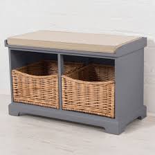 Newport Solid Wood Storage Bench Cushion With Two Natural Wicker Baskets Dove Grey Maison Rustic
