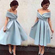 Off Shoulder Blue Evening Gowns V Neck Short Prom Dress Elegant Tea Length Evening Dress Dusty Blue Bridesmaid Dress Satin Bridesmaid Dress Satin Prom Elegant Party Dresses Evening Dresses Short Retro Prom Dress