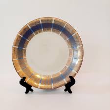 Antique Marktredwitz, Jaeger & Co Plate White Brown Blue and Gold Band,  Bavarian Plate Geometric Shapes, Cottage, Bohemian, Bridal Shower