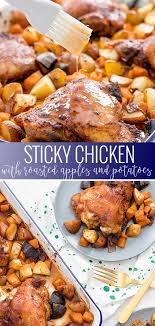 Spicy Sticky Chicken With Roasted Apple And Potatoes Oh So Delicioso Recipe Easy Chicken Dinner Recipes Recipe Using Chicken Recipes