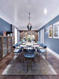 Filter by style, size, and many features. Large Dining And Dining Room Table With A Kitchen In A Fashionable Modern Design Wooden Furniture Interior In Brown And Blue 3d Rendering Stock Photo Picture And Royalty Free Image Image 150370867