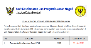 Warganegara malaysia yang berkelayakan digalakkan memohon jawatan kosong seperti berikut. Jawatan Kosong Di Unit Keselamatan Dan Penguatkuasaan Negeri Sarawak Kelayakan Spm Ejawatankini Com