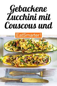 Gebackene Zucchini Mit Couscous Und Oliven Rezept Gebackene Zucchini Vegetarisches Mittagessen Gesunde Rezepte
