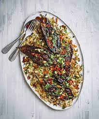 Sticky Soy Aubergines On Gingery Peanut Fried Rice Recipe Vegan Dishes Aubergine Recipe Recipes