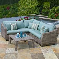 Rst Brands Cannes 4 Piece Patio Sectional Seating Set With Bliss Blue Cushions Op Pess4 Cns Bls K The Home Depot Outdoor Sofa Sets Corner Sectional Sofa Wicker Outdoor Sectional