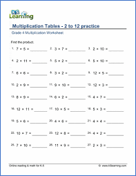 The sheets on this page are ideal for children starting out in first grade, or children who need help understanding what addition is. Grade 4 Math Worksheets Multiplication Tables Of 2 To 12 K5 Learning