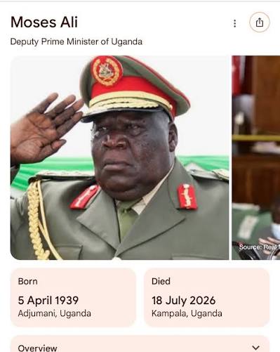 Popular Ugandan politician and former Deputy Prime Minister General Moses  Ali has died at the age of 87. The retired general, a long-serving military  commander and politician in Uganda, passed away at