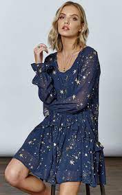 Navy Gold Star Moon Flowy Mini If By Sea Silkfred Gold Star Dress Dresses Mini Dresses Summer