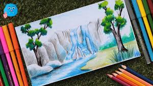 How To Draw Scenery Of Beautiful Waterfall With Color Pencil Youtube Use fast strokes for foaming, bubbling waterfalls.