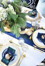 Classic Christmas Tablescape With Tartan Navy Green And Gold Blue Christmas Decor Plaid Christmas Decor Gold Christmas Decorations