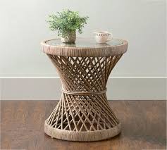 Modern luxury round rattan end side table packing details: Helix Rattan Glass Side Table Pottery Barn