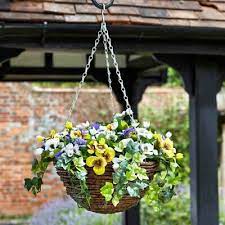 A line of five small hanging plants in. Pansy Artificial Flower Hanging Basket Indoor Outdoor Garden Decor Uv Resistant Ebay