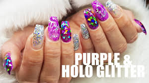 Dark purple and glitter nail designs. Acrylic Nails Purple Silver And Holographic Chunky Glitter Encapsulation Short Coffin Shape Youtube