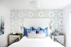This soft and dusty colored wallpaper trend is the perfect choice for mellow and harmonious bedrooms. White And Blue Bedroom With Wallpaper Accent Wall Contemporary Bedroom