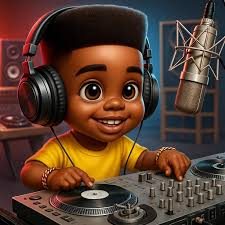 Hyper realistic chibi dj spinning neon records