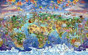 World Map Of World Wonders Art Print By Maria Rabinky In 2021 Wonder Art World Map Art Illustrated Map