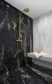 Zebrino Black Marble Shower With Gold Plumbing Black Marble Bathroom Bathroom Design Black White Marble Bathrooms