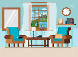 Maybe you would like to learn more about one of these? Cozy Home Living Room Interior Background With Coffee Table Lamp Two Armchairs Pillows Cups Wall Clock Books Plant Window With Summer Lake Landscape In Flat Cartoon Style Vector Illustration Royalty Free Cliparts Vectors