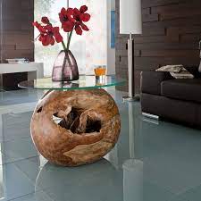 Der materialmix aus holz, glas und metall passt in verschiedenste einrichtungskonzepte. Wohnzimmer Couchtisch Unikat Beistelltisch Mit Kugel Aus Teak Holz Und