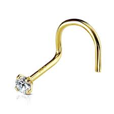 Diamond flower flat back 14k gold nose ring. 14k Gold Nose Stud 2mm Prong Set Cubic Zirconia Nostril Corkscrew C Vital Body Jewelry