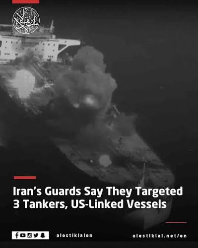 Iran's Revolutionary Guard says it targeted three oil tankers in the Strait of Hormuz and three U.S.-linked vessels, retaliating for American strikes on three Iranian tankers.