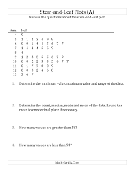 The Stem And Leaf Plot Questions With Data Counts Of About 50 A Math Worksheet From The Statisti Line Plot Worksheets 5th Grade Worksheets Reading Worksheets