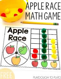 Apple Race Math Game Playdough To Plato Apple Math Apple Preschool Preschool Math
