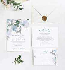 Wedding Invitation Template Suite Set 5 X 7 Soft Dusty Blue Watercolor Bouquet Edit Online In Templett Blue Wedding Invitations Wedding Invitation Templates Wedding Invitations