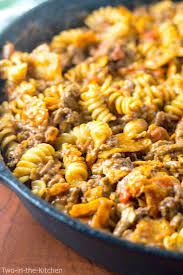 Cheesy Taco Pasta Skillet Two In The Kitchen Recipe Taco Pasta Beef Recipes Ground Beef Crockpot Recipes