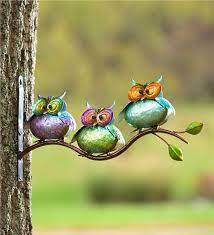 Metal Owls On Branch Www Teeliesfairygarden Com Add Mysterious Color To Your Outdoor Space With These Vigilant Outdoor Wall Art Branch Wall Art Yard Art